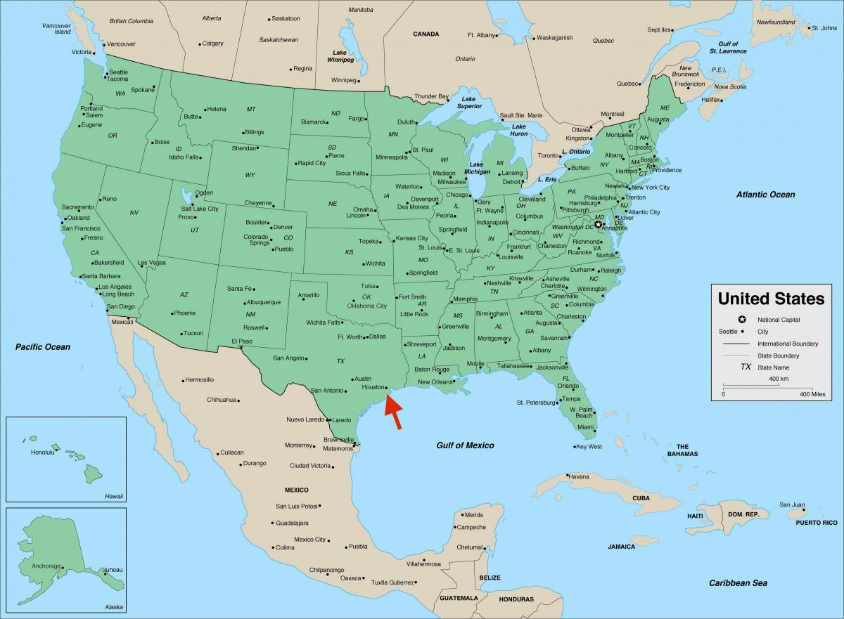 هيوستن على تكساس - خريطة الولايات المتحدة الأمريكية